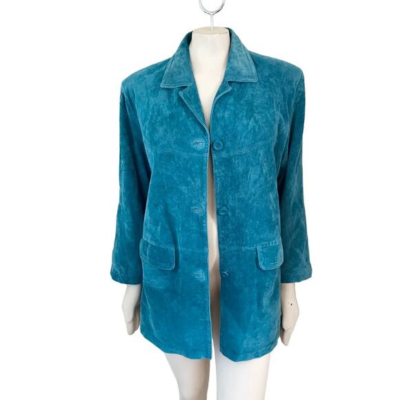 VTG JESSICA HOLBROOK Washable Suede Button Front Blazer Coat in Teal Blue SZ L - Picture 2 of 11